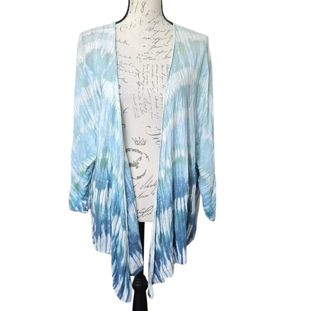 Nic + Zoe Women's Size Small Blue Watercolor Linen Blend Cardigan Wrap Top